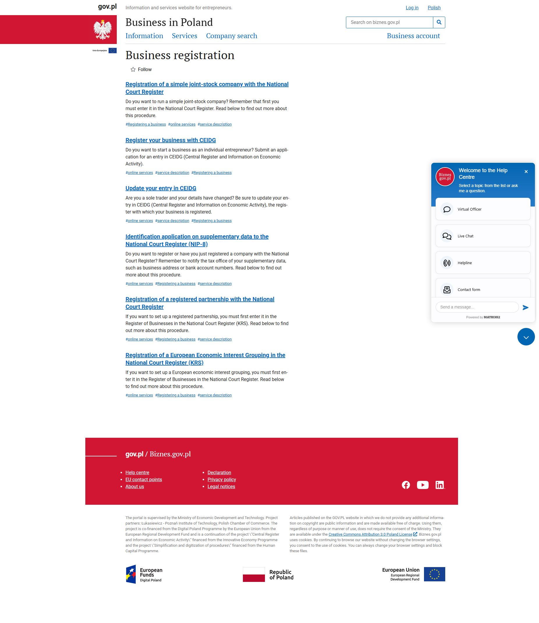 Usługi rejestracji działalności w Biznes.gov.pl